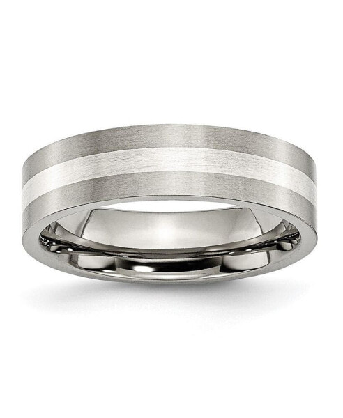 Titanium Brushed Sterling Silver Inlay Flat Wedding Band Ring