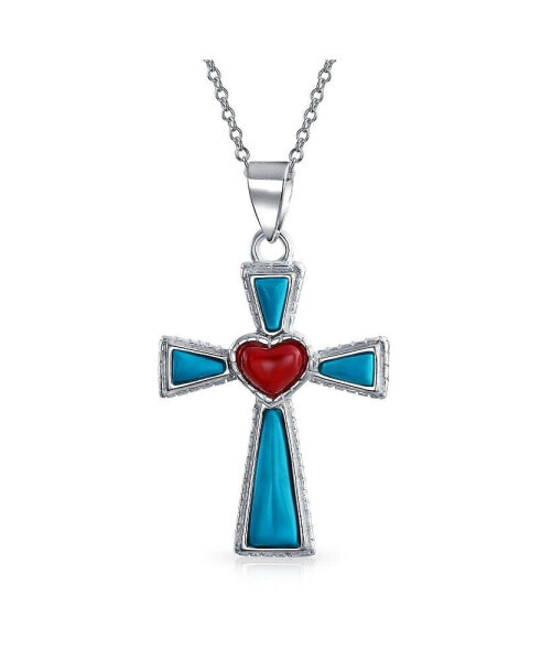 Bling Jewelry south Western Style Gemstone Blue Stabilized Turquoise Red Heart Cross Pendant Religious .925 Sterling Silver Necklace For Women Teen