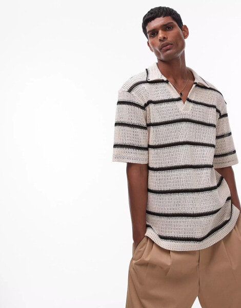 Topman oversized fit crochet revere polo with stripe in black