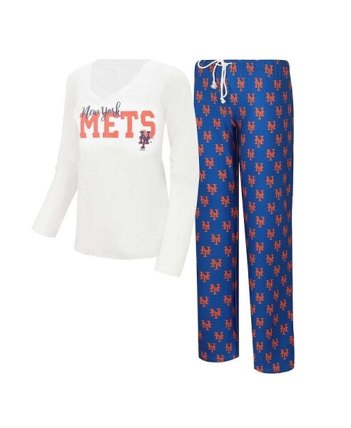 Women's White, Royal New York Mets Long Sleeve V-Neck T-shirt and Gauge Pants Sleep Set