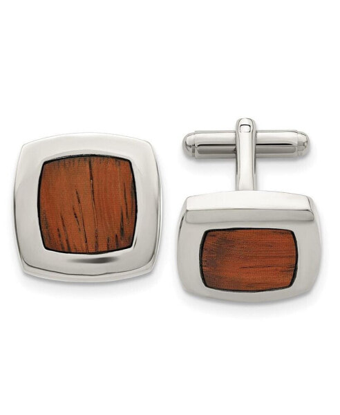 Stainless Steel Polished Koa Wood Inlay Rounded Square Cufflink
