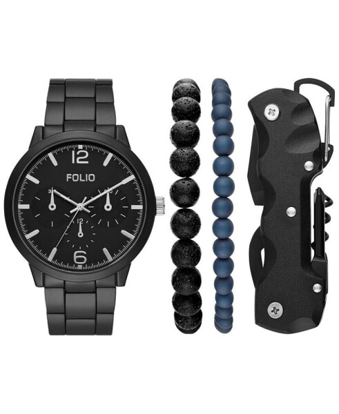 Men's Three Hand Black Alloy Watch 46mm Gift Set