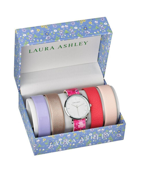 Silver Slidethrough Interchangeable Sleek Dial Floral Straps Set Watch