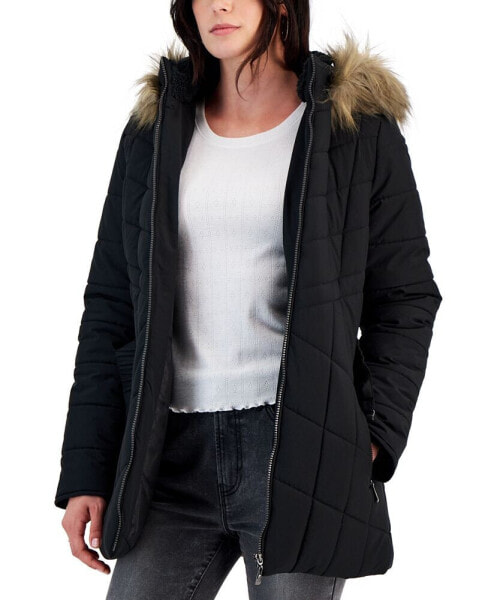 Juniors' Belted Faux-Fur-Hooded Puffer Coat