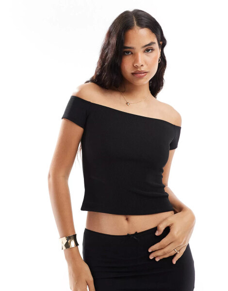 ASOS DESIGN off shoulder ribbed bardot top in black