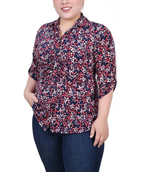 Plus Size 3/4 Roll Tab Rouched-Front Top