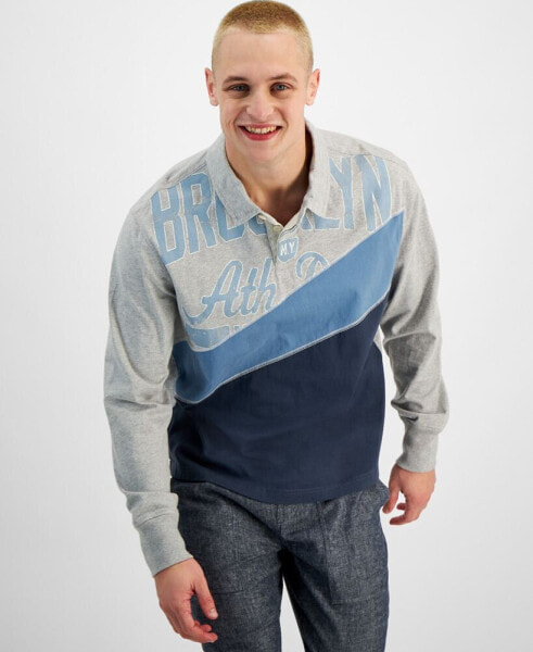 Men's Spliced Varsity Long Sleeve Polo Shirt, Created for Macy's