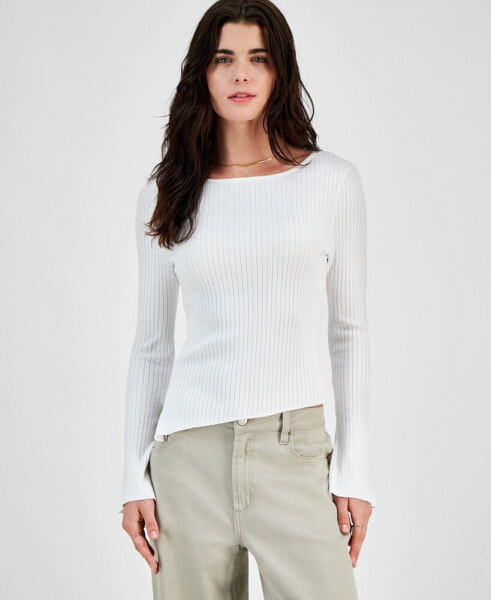 Juniors' Asymmetrical Hem Ribbed Long-Sleeve Top