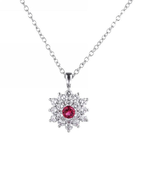Silver-Tone Ruby Accent Flower Pendant Necklace