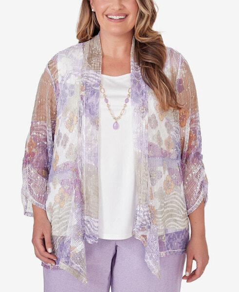 Plus Size Garden Party Popcorn Mesh Two in One 3/4 Sleeve Top