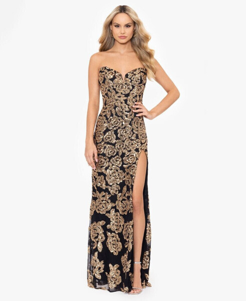 Juniors' Floral-Sequined Strapless Gown