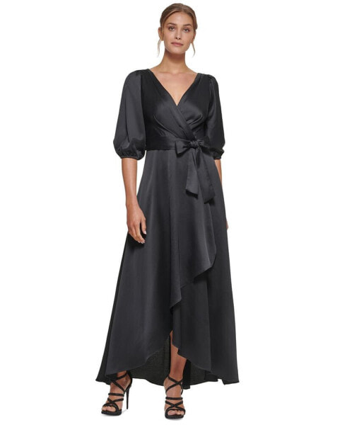 Balloon-Sleeve Faux-Wrap Gown