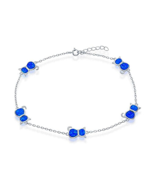 Sterling Silver Opal Cat Anklet - Blue Inlay