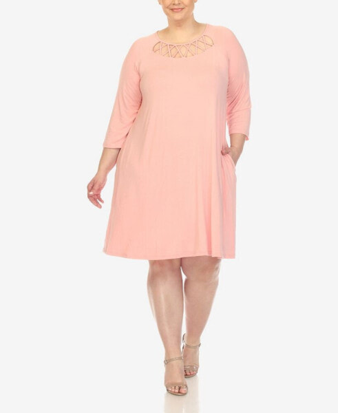 Plus Size Criss Cross Neckline 3/4 Sleeve Swing Dress