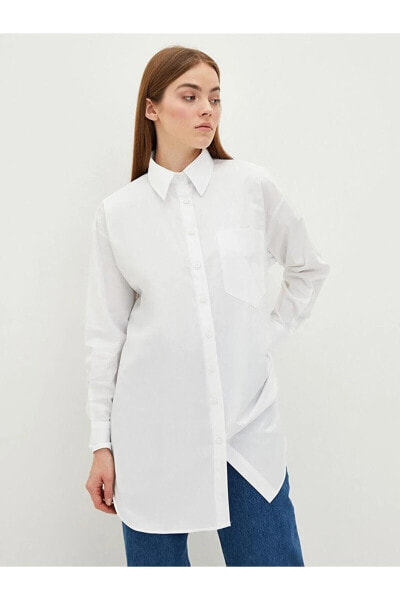 LCW Modest Gömlek Yaka Düz Uzun Kollu Oversize Poplin Kadın Tunik