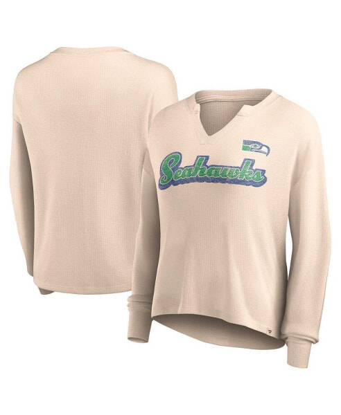 Women's Tan Distressed Seattle Seahawks Go For It Notch Neck Waffle Knit Long Sleeve T-shirt