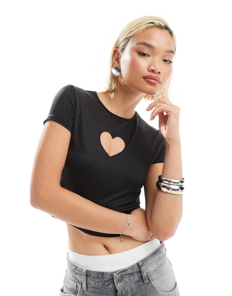 Monki short sleeve cut out heart mini top in black