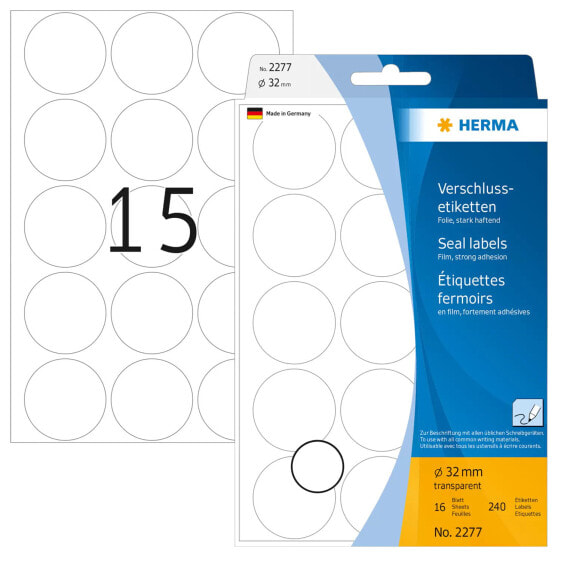 HERMA Seal labels Ø 32 mm round transparent extra strong adhesion film matt 240 pcs. - Transparent - Circle - Germany - 16 mm - 16 mm - 1.6 cm