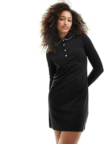 New Look collared long sleeve mini dress with pearl detail in black