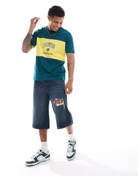 Champion Rochester collegiate colourblock t-shirt in green and yellow