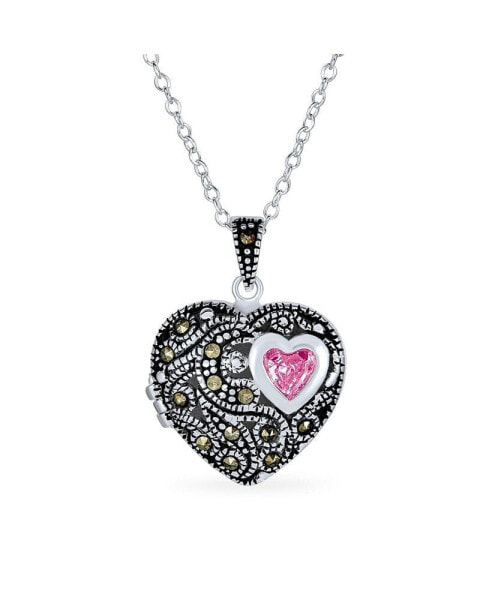 Bling Jewelry personalized Marcasite Pink Simulate Tourmaline CZ Antiqued Style Filigree Aromatherapy Perfume Diffuser Heart Shape Locket Necklace For Women Rose Gold .925 Sterling Silver Customizable