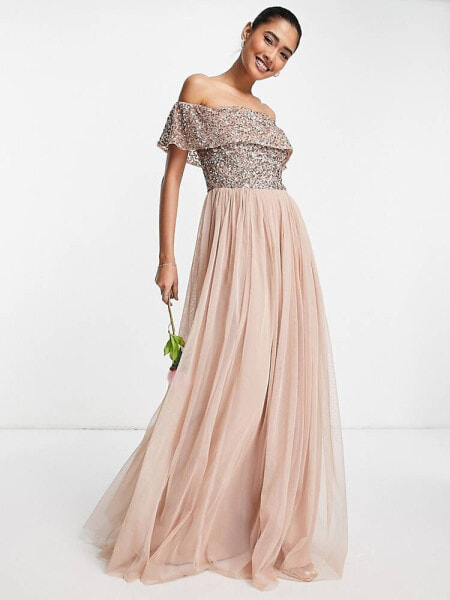 Maya Bridesmaid bardot maxi tulle dress with tonal delicate sequins in muted blush