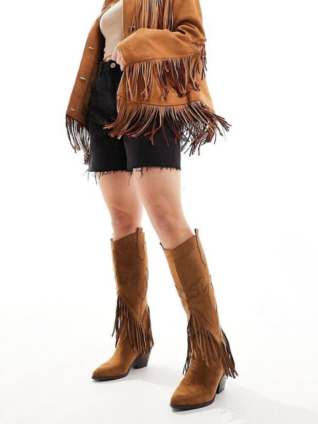 Glamorous Wide Fit knee tassel western boots in chestnut