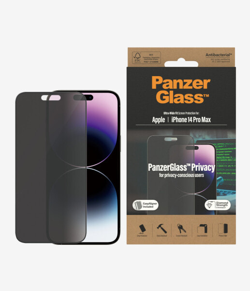PanzerGlass ™ Privacy Screen Protector Apple iPhone 14 Pro Max | Ultra-Wide Fit w. EasyAligner - Apple - Apple - iPhone 14 Pro Max - Dry application - Scratch resistant - Shock resistant - Anti-bacterial - Transparent - 1 pc(s)