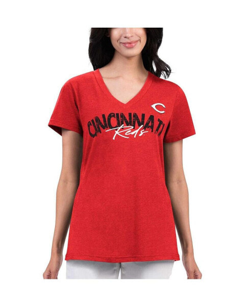 Women's Red Distressed Cincinnati Reds Key Move V-Neck T-shirt