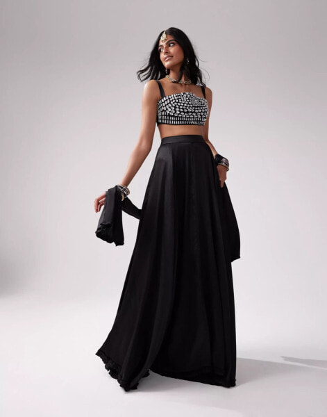 Kanya London Lehenga full flare frill skirt & dupatta co-ord in black