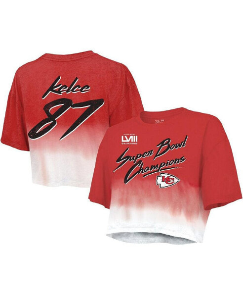 Women's Threads Travis Kelce Red, White Distressed Kansas City Chiefs Super Bowl LVIII Dip-Dye Player Name and Number Crop Top