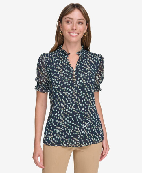 Women's Ruffled-Neck Ditsy Floral Blouse