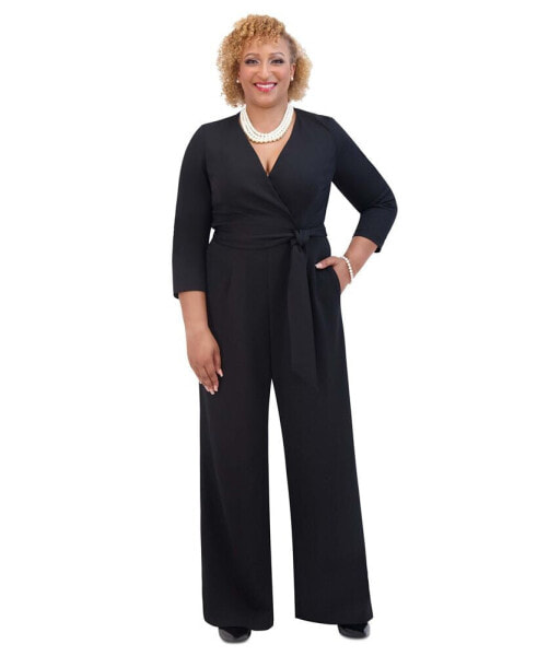 Women's Tie-Waist 3/4-Sleeve Wide-Leg Jumpsuit