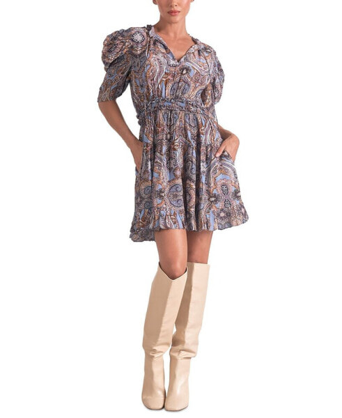 Women's Paisley-Print Chiffon Puff-Sleeve Mini Dress