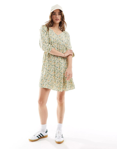 JDY v neck mini smock dress in green ditsy floral print