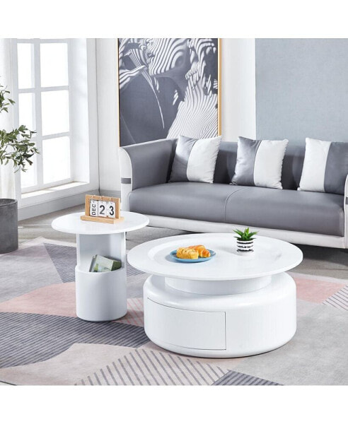 2 Pieces White MDF Round Coffee Table Set For Living Room, Bedroom