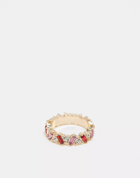 ASOS DESIGN ring with crystal baguette design in tonal pink and red design