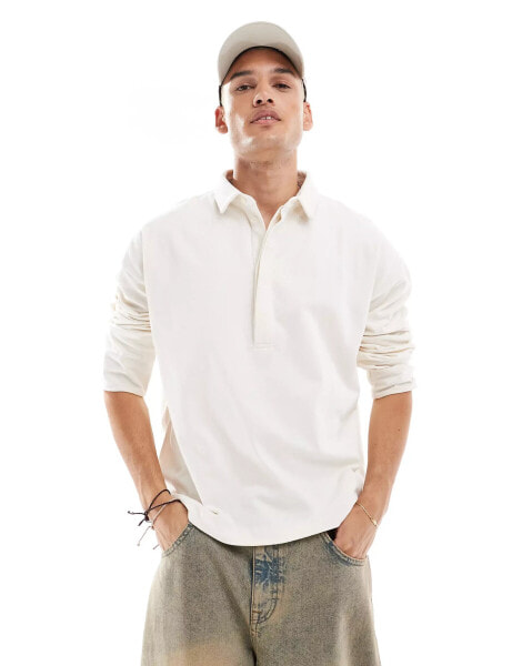 ASOS DESIGN heavyweight oversized boxy polo with long sleeve in cream