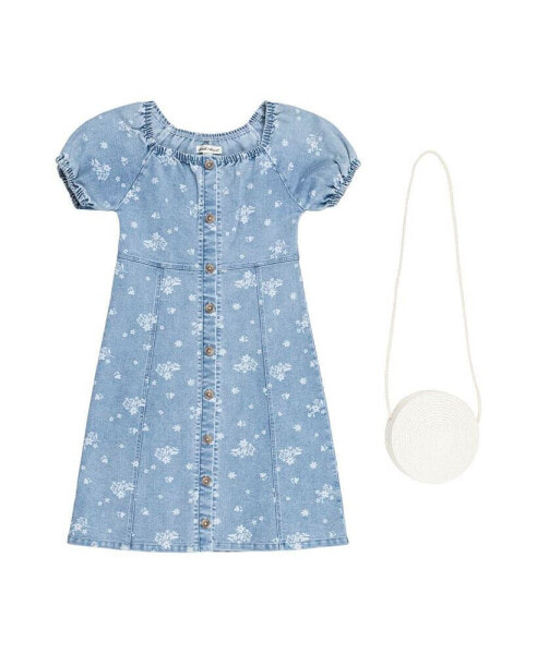 Big Girls Printed Denim Dress, Lt Wash