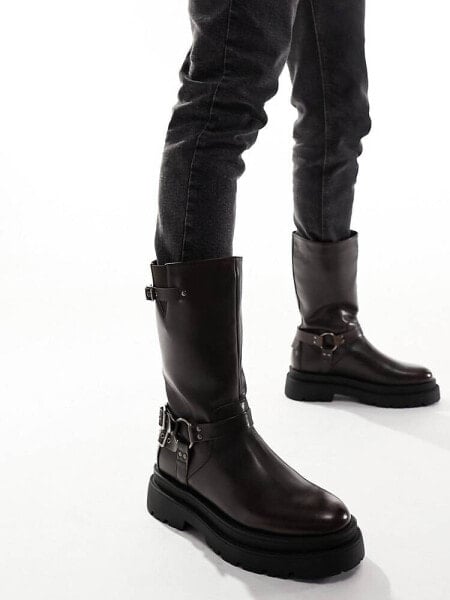 ASOS DESIGN chunky boot in brown with vintage effect silver buckles