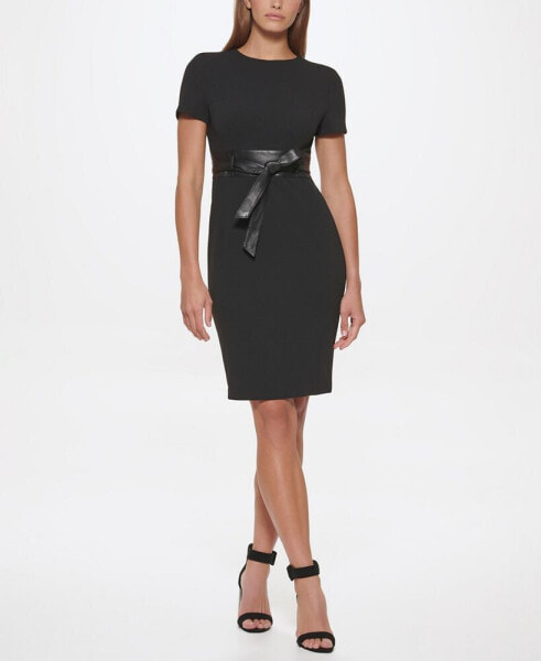 Solid Faux-Leather Tie-Waist Sheath Dress