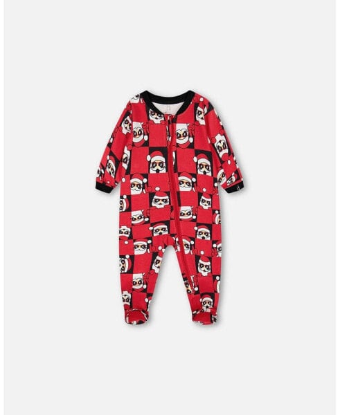 Baby Boys Baby Organic Cotton One Piece Pajama Red Printed Santa