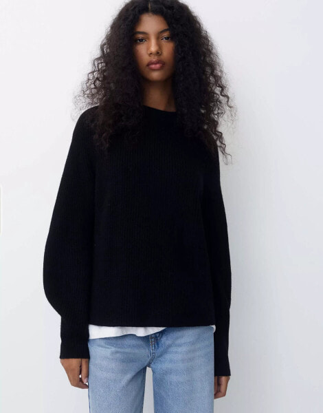 Pull&Bear ribbed crew neck knitted jumper in black