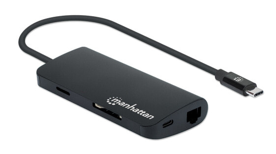 Док-станция/USB-концентратор Manhattan USB-C с картридером - Порты (x5): Ethernet - USB-A (3) и USB-C - 5Gbps (USB 3.2 Gen1 aka USB 3.0) - С функцией быстрой зарядки (100W) для порта USB-C (Обратите внимание, дополнительно потребуется USB-C зарядное устройство и USB-C кабель) - Алюминий - Черный - Трехлетняя гарантия