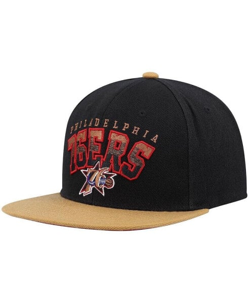 Men's Black and Tan Philadelphia 76ers Hardwood Classics Gradient Wordmark Snapback Hat