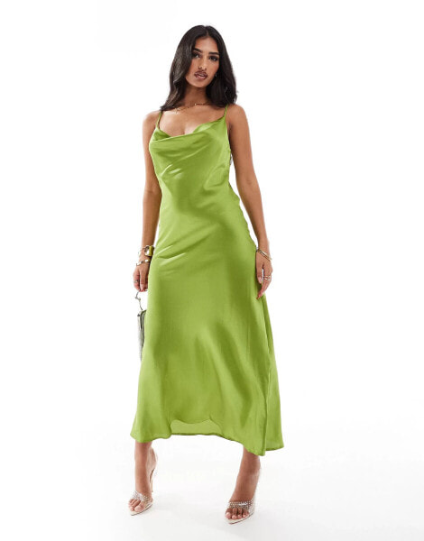 New Look cowl neck satin midi dress in green