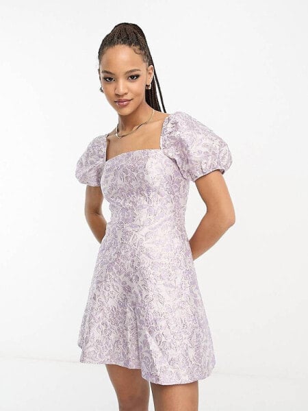Miss Selfridge jacquard puff sleeve corset mini dress in lilac 