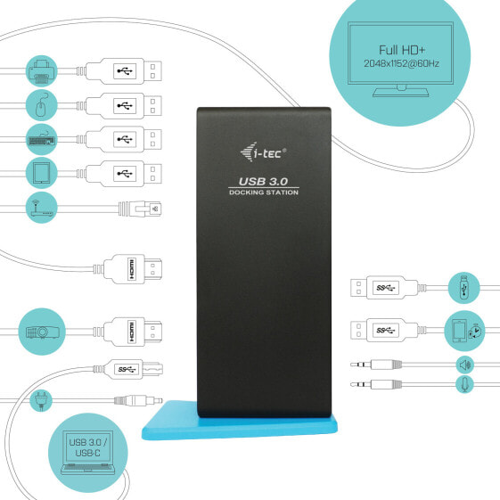 i-tec USB 3.0/USB-C Dual HDMI Docking Station - Wired - USB 3.2 Gen 1 (3.1 Gen 1) Type-A - 3.5 mm - 10,100,1000 Mbit/s - Black - AC