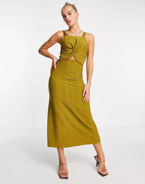 River Island texture knot cut out midi dress in green