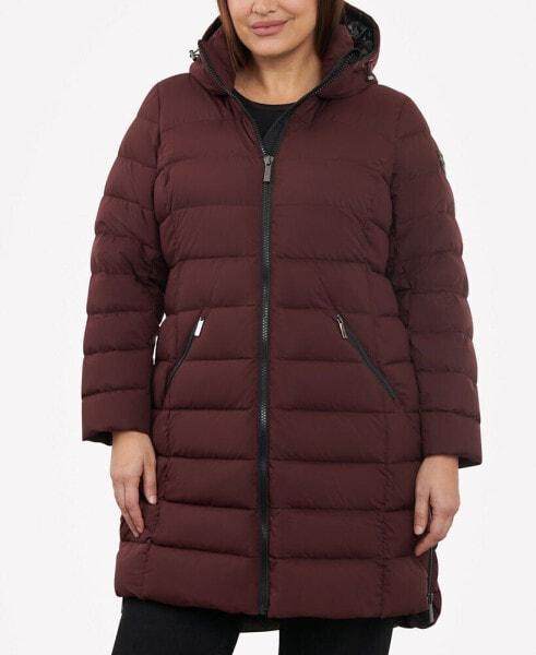 Women's Plus Size Hooded Faux-Leather-Trim Puffer Coat, Created for Macy's